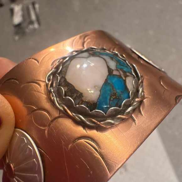 Bracelet, Turquoise & Opal Copper Cuff, NEW, sterling accents, Handmade, Artisan - Picture 2 of 12
